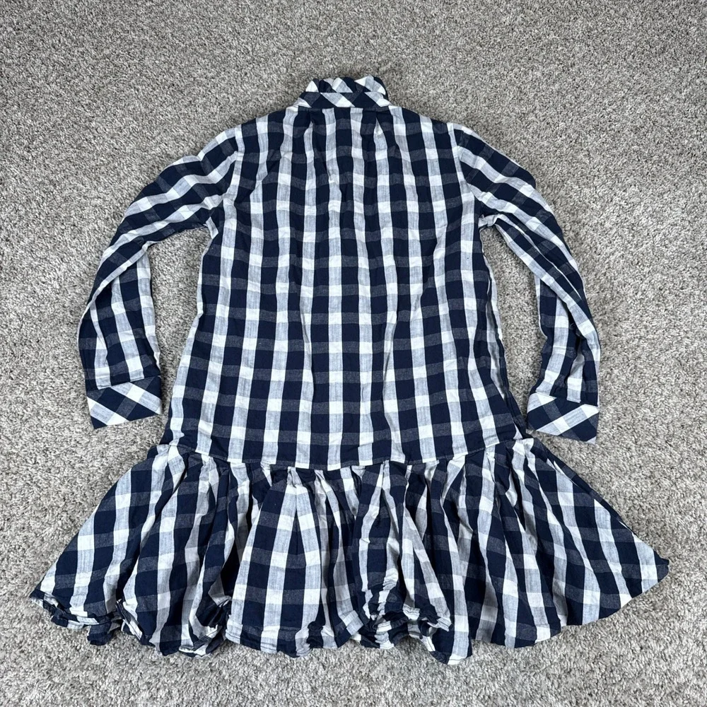 Tuckernuck Dress Womens XXS Navy White Plaid Tate Ruffle Button Drop Waist Linen